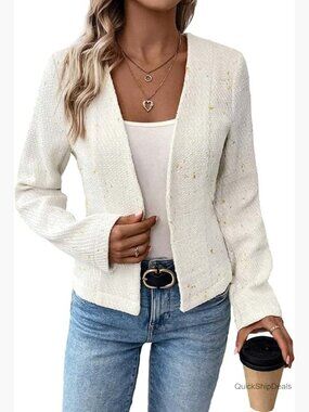 Tweed Blazer Jacket Collarless Open Front Fully Lined Fitted Casual Work Coat